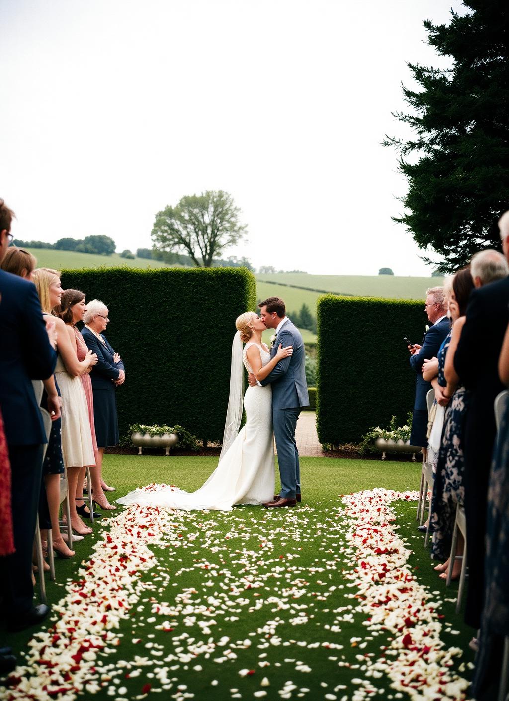 Couple kissing at the end of a petal-strewn garden aisle
