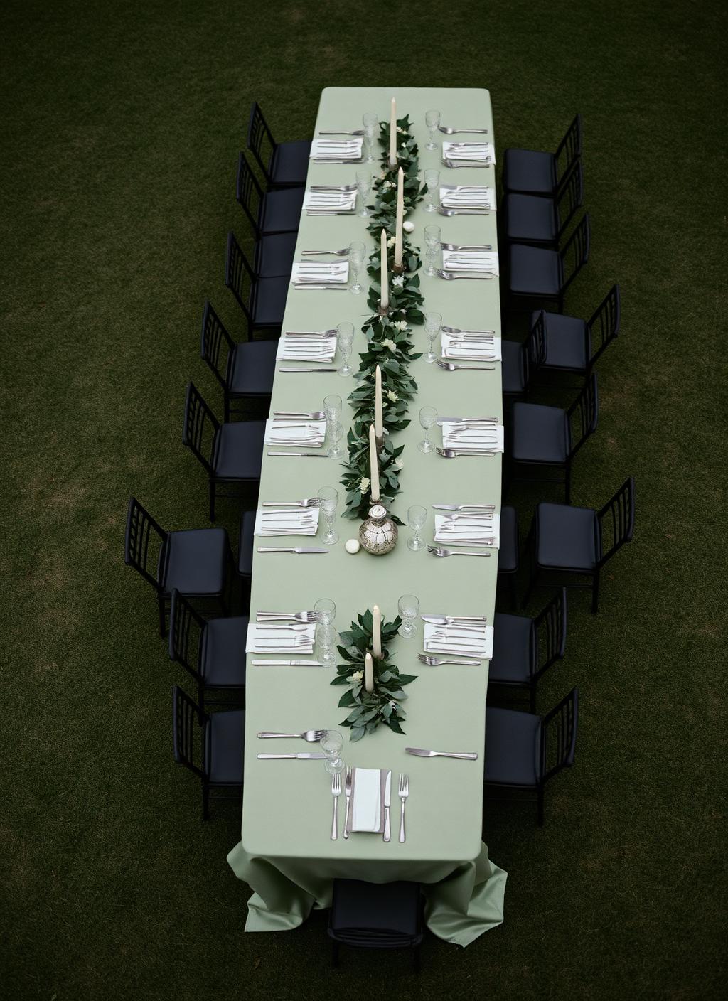 Aerial view of a serpentine reception table on the lawn