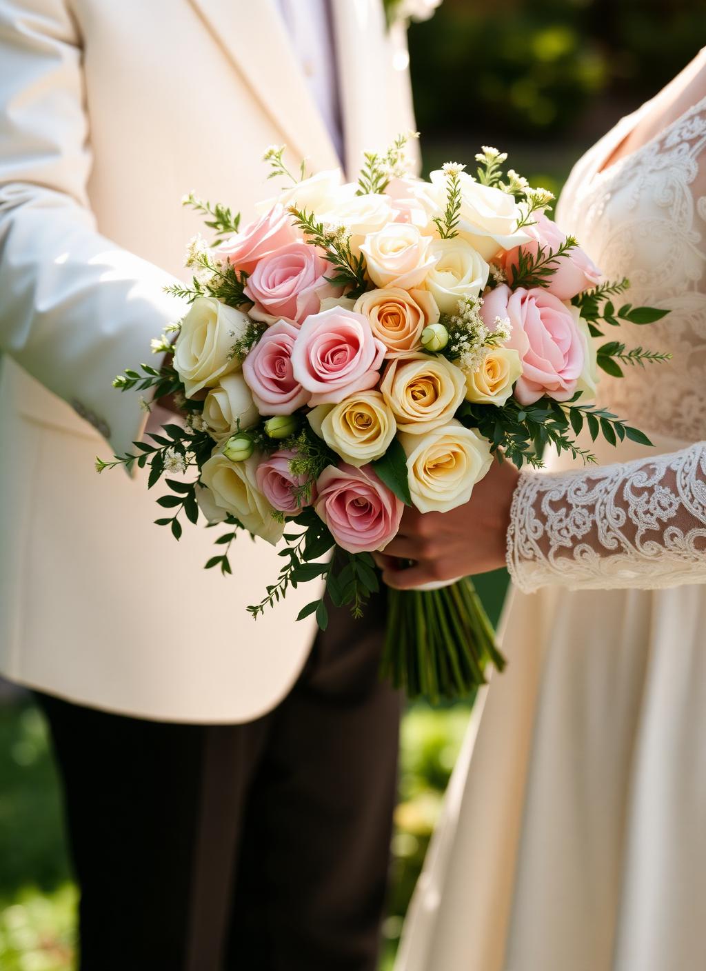 Groom handing the bride her garden bouquet