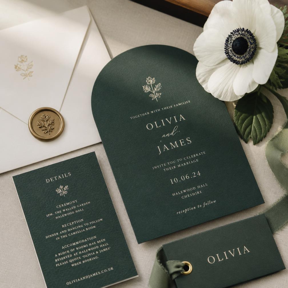 Deep green wedding invitation suite with white anemone