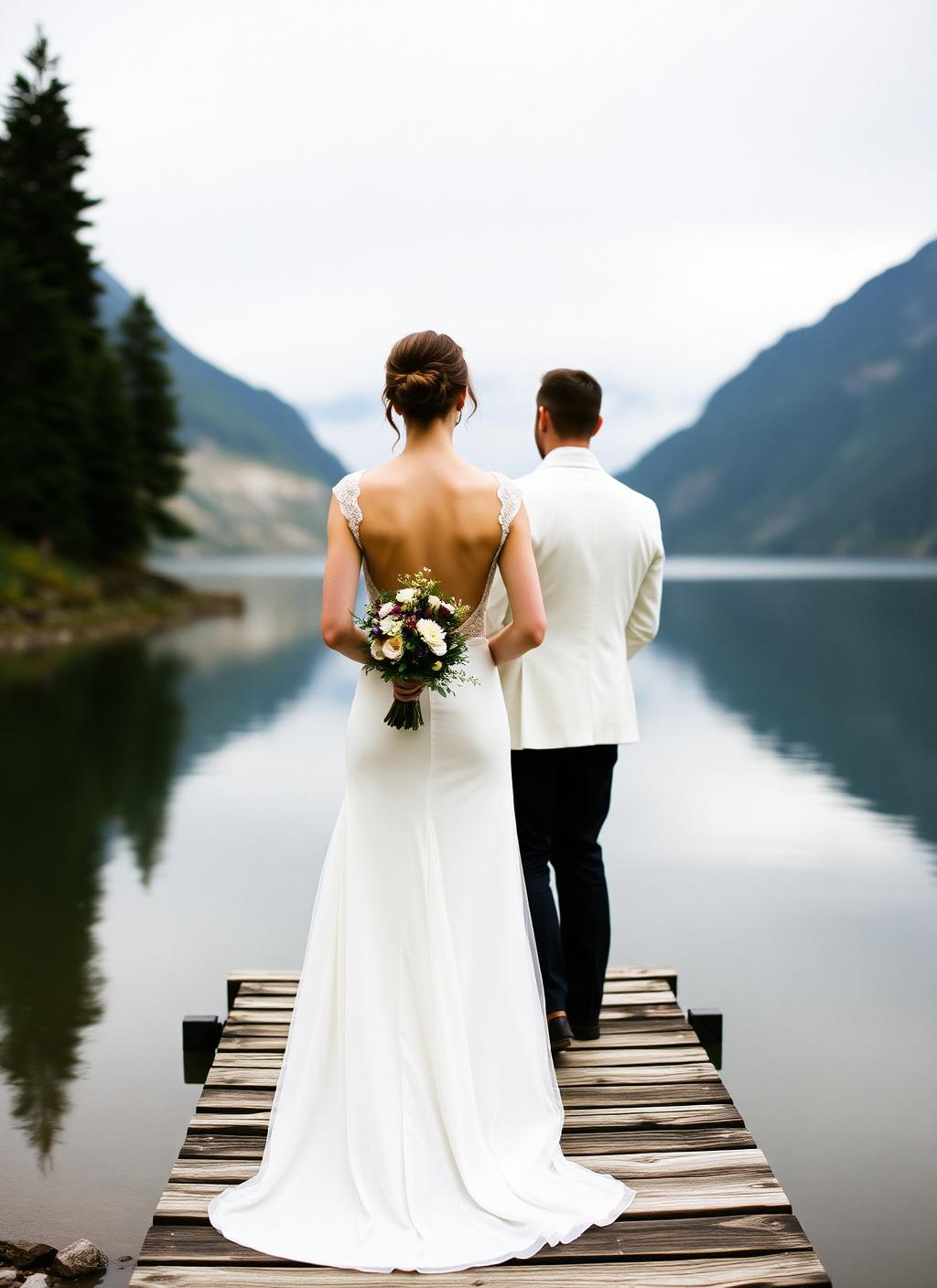 Couple on a dock overlooking an alpine lake