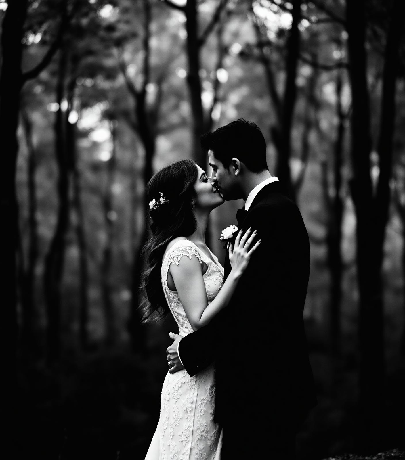 Black and white portrait of a couple embracing