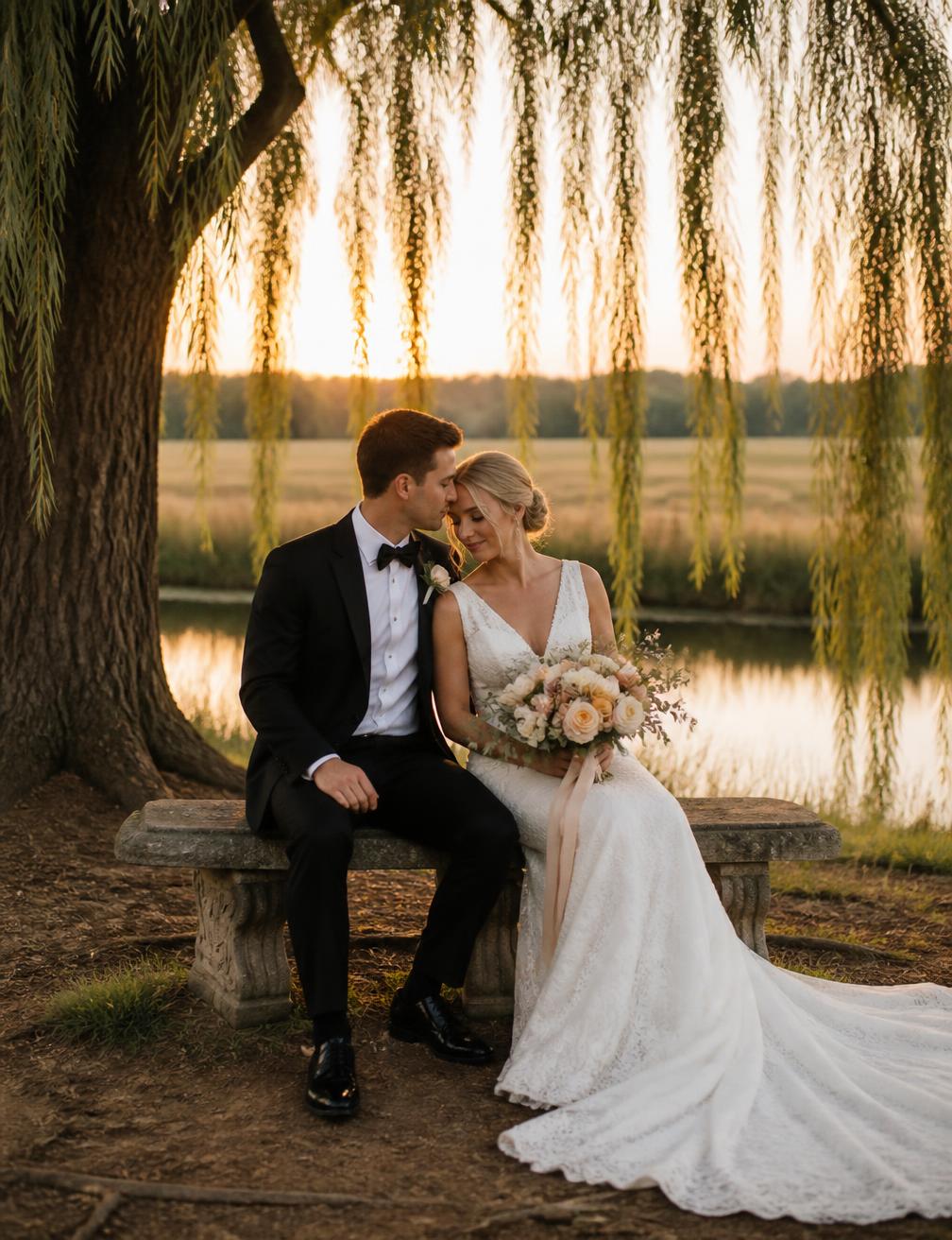 Bride and groom in a mountain meadow